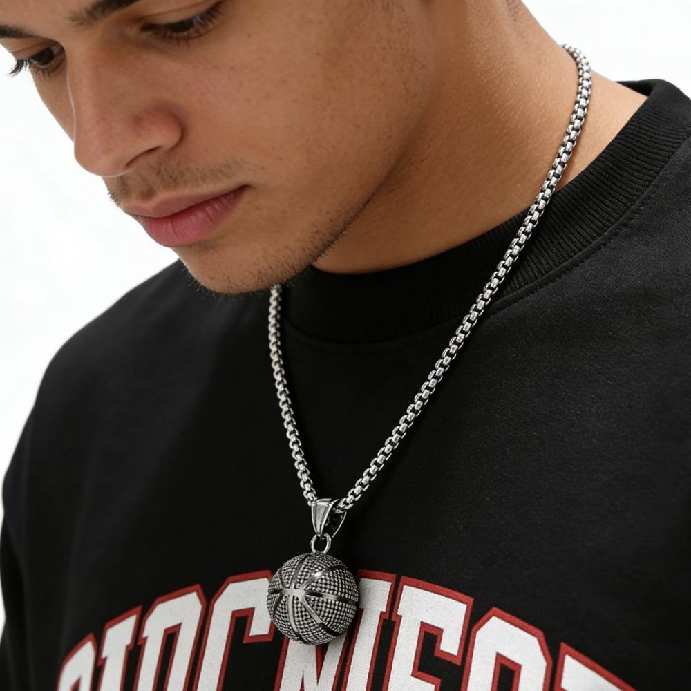 Stainless Steel Basketball Pendant Necklace for Men, Original Design Sporty Versatile Alloy Chain Necklace