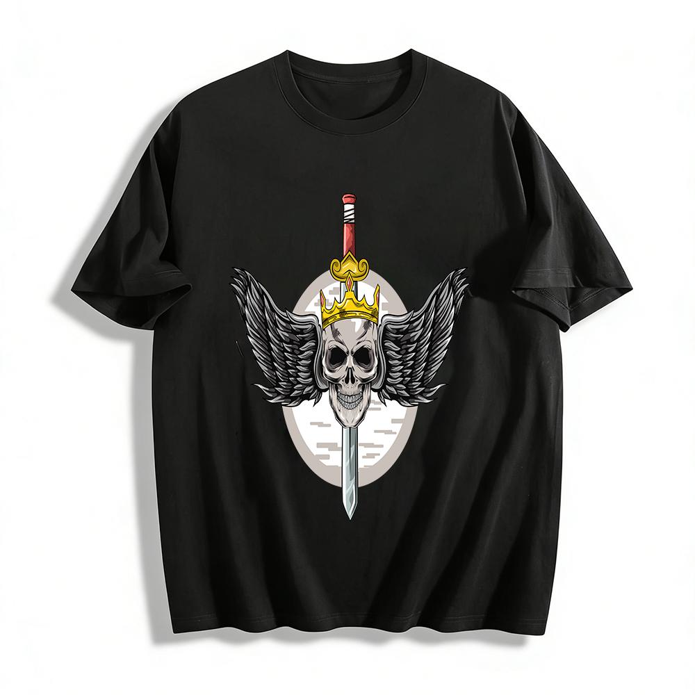 Skull Crown Sword Wing Dark Style Graphic Casual Short Sleeve Tee Pure cotton T-shirt XXS