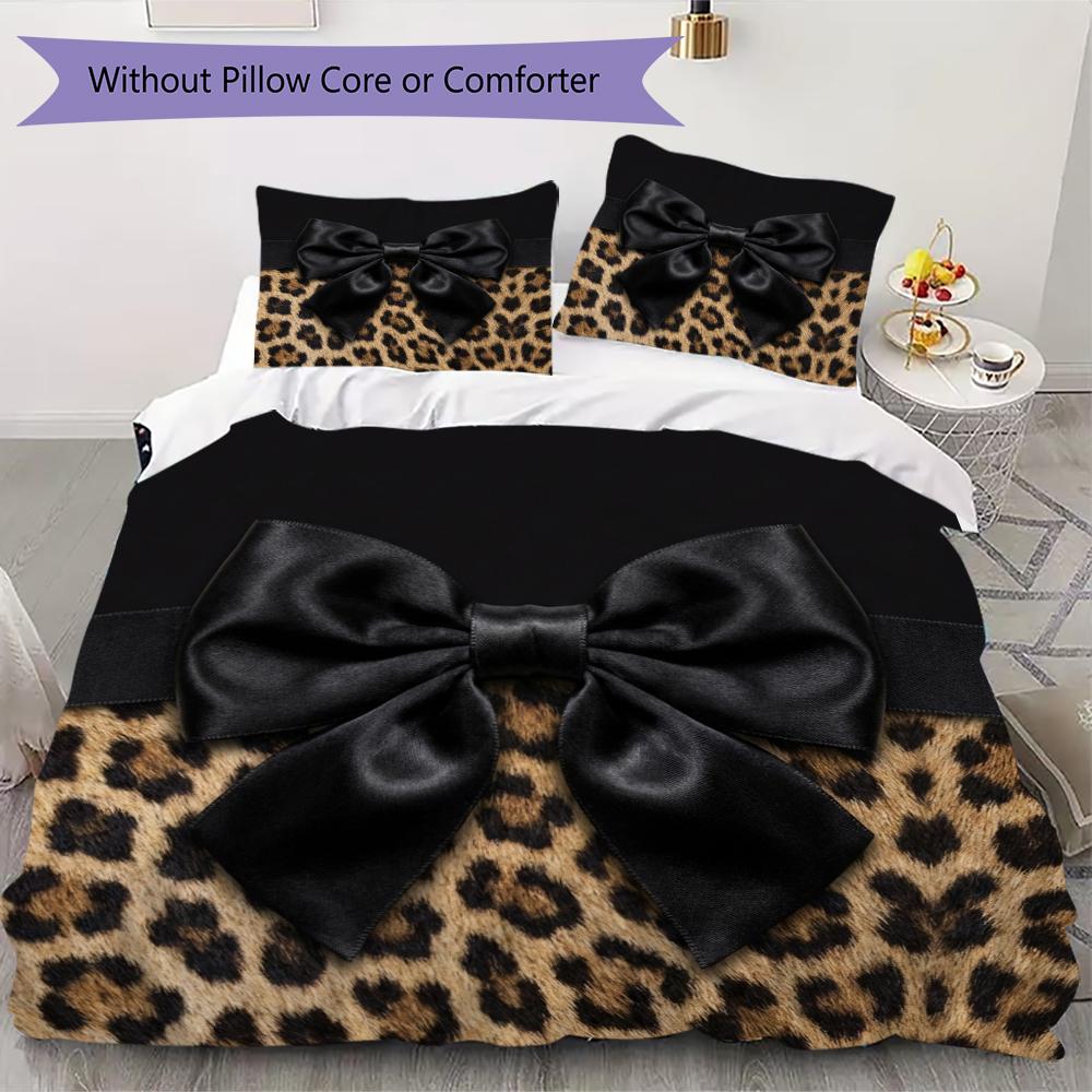 Leopard Print Bow Pattern Bedding uilt Set uilt Cover Pillowcase Home Decoration Birthday Gift (1 * duvet cover + 2 * pillowcase without core)16
