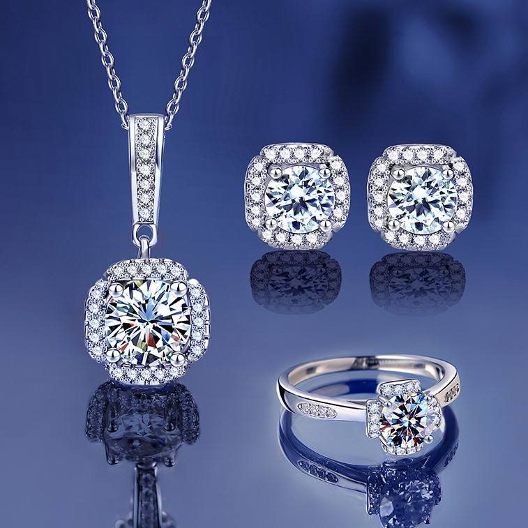 Zircon Necklace Fashion Jewelry Zircon Ring Stud Earrings 925 Sterling Silver Jewelry Set ring&6