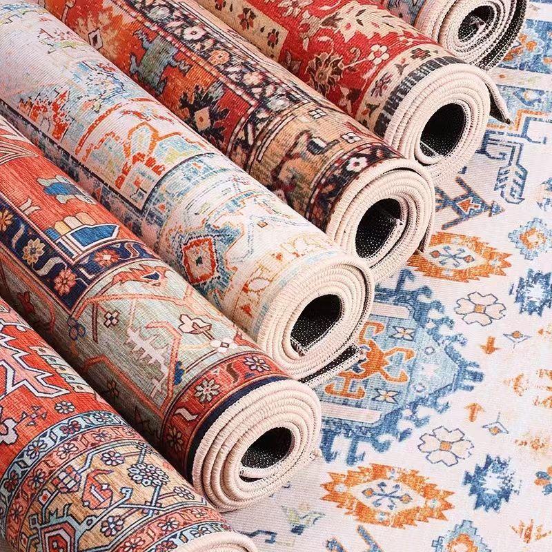 Washable Area Rug Teal Boho Bedroom Non-Slip Oriental Carpet Throw Rug Low-Pile Indoor Floor Carpet for Dining Room Living Room Foyer Decor