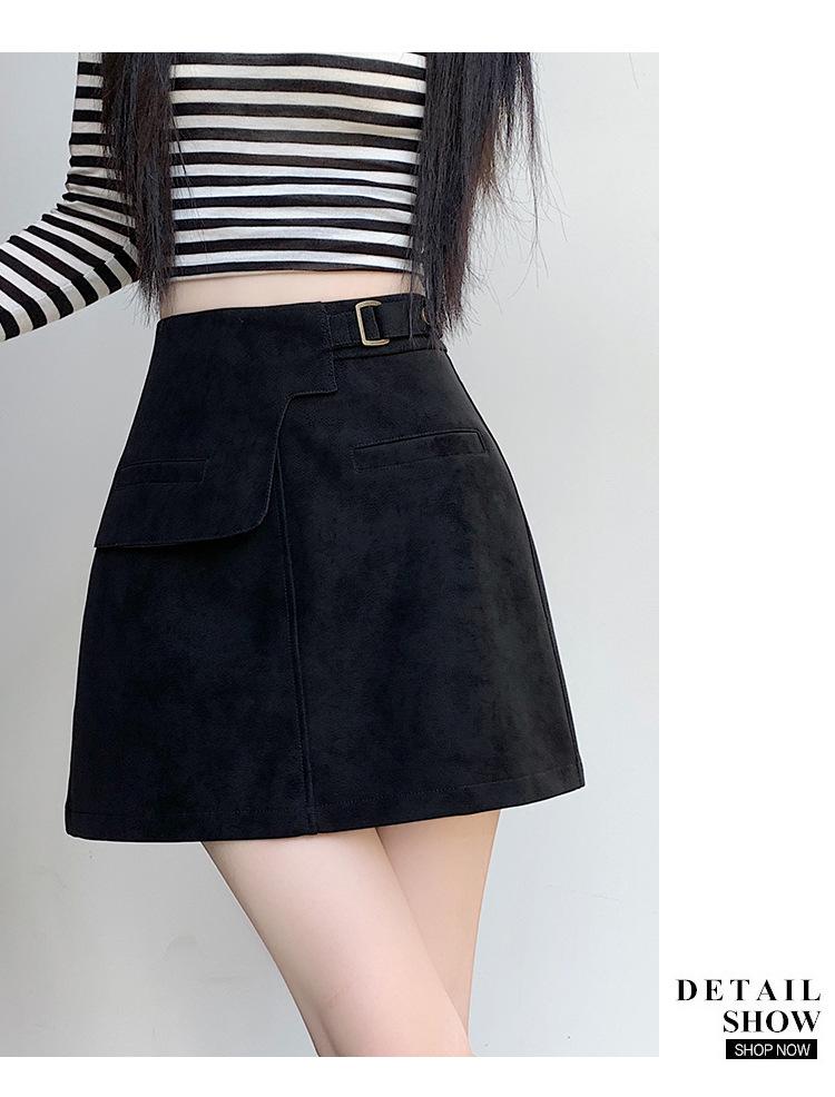 Plus Size Women's Brown Suede A-line High Waist Short Skirt for Spring & Autumn
