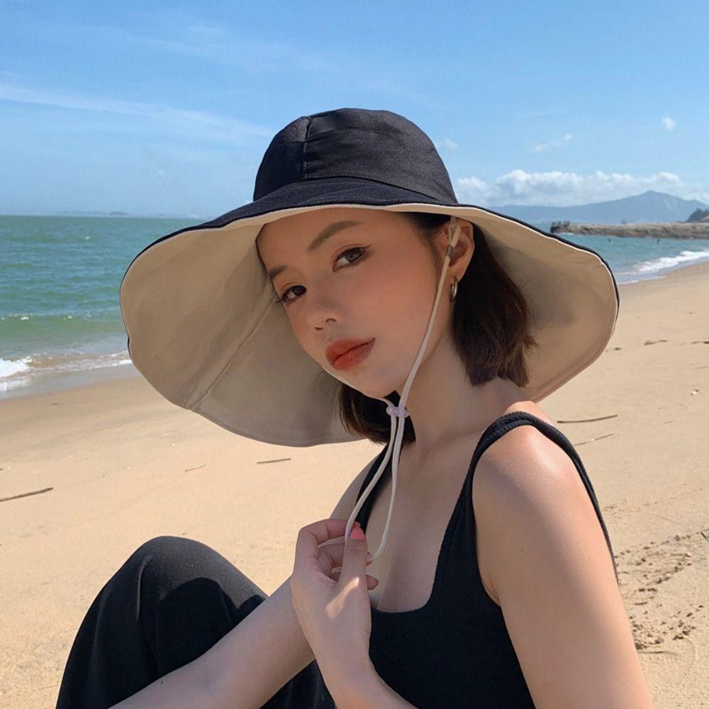 Wide Brim Sunscreen Sun Hat Solid Color Hiking Bucket Hat Casual Women Fisherman Hat  Travel