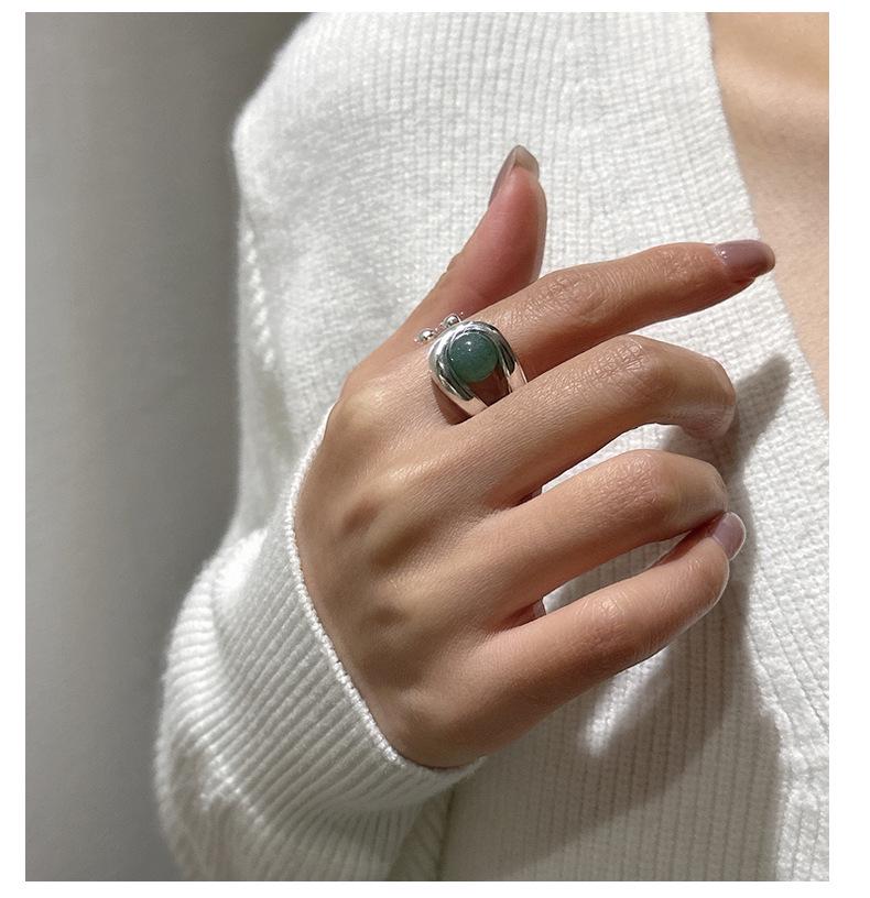 S925 Silver Korean Aventurine and Black Agate Statement Ring