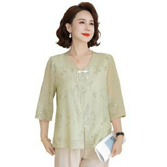 

2026 Spring Seven-Sleeve Chiffon Shirt for Mother s Stylish Loose Fit 3XL зелёный