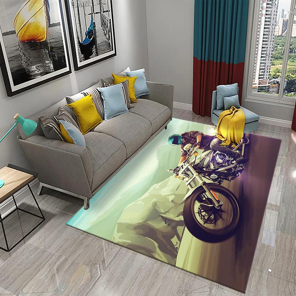 3D Vintage Cool Classic Motorcycle Carpet Oil Painting Art Carpet Home Bedroom Living Room Decorations Rug Bathroom Non-Slip Mat