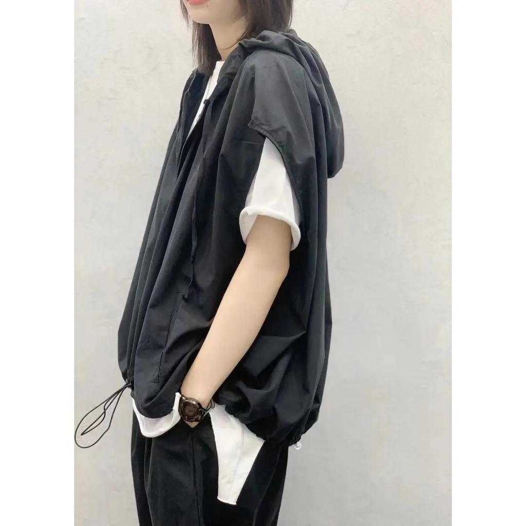 Chaleco Casual con Capucha Retro Literario de Talla Grande, Estilo de Primavera y Otoño Verano para Mujer, Chaqueta Exterior Holgada, Chaleco