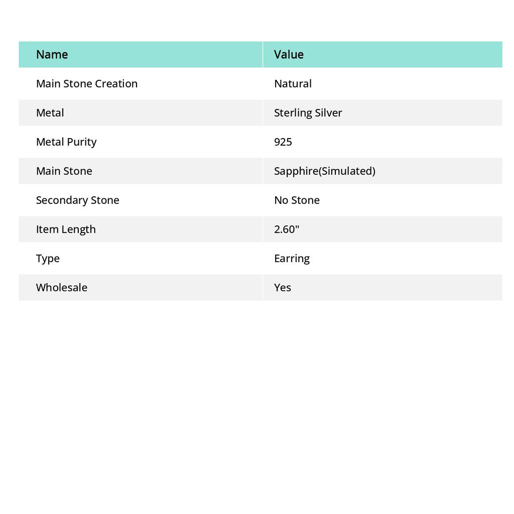 Sapphire(Simulated) Gemstone 925 Sterling Silver Earring 2.60"