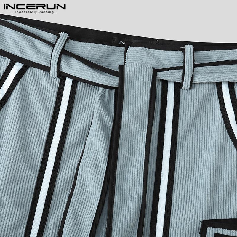 INCERUN Men Autumn Belt Zip-up Waist Stitching Corduroy Harem Pants Trousers