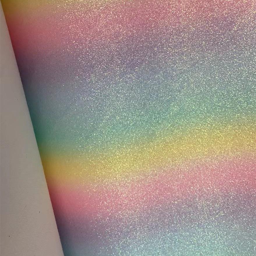 Pelle PU Tessuto Glitterato con Arcobaleno Gradiente e Scintillio Oro-Argento
