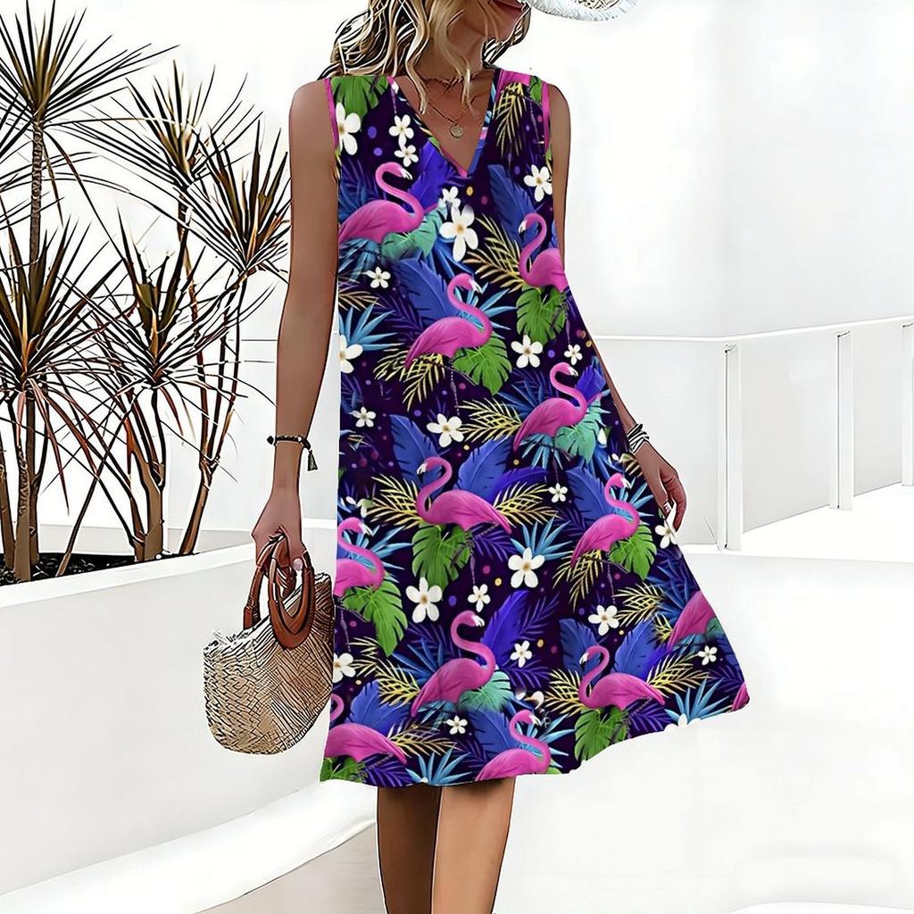 Plus Size V Neck Sleeveless Dress Cloudy Mountain Waterfall Art Print For Scenic Mountain Journey