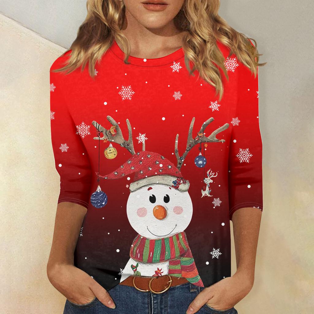 3/4-Ärmel-Shirts für Damen Druck Weihnachts-T-Shirts Blusen Lässig Übergröße Basic-Oberteile Pullover