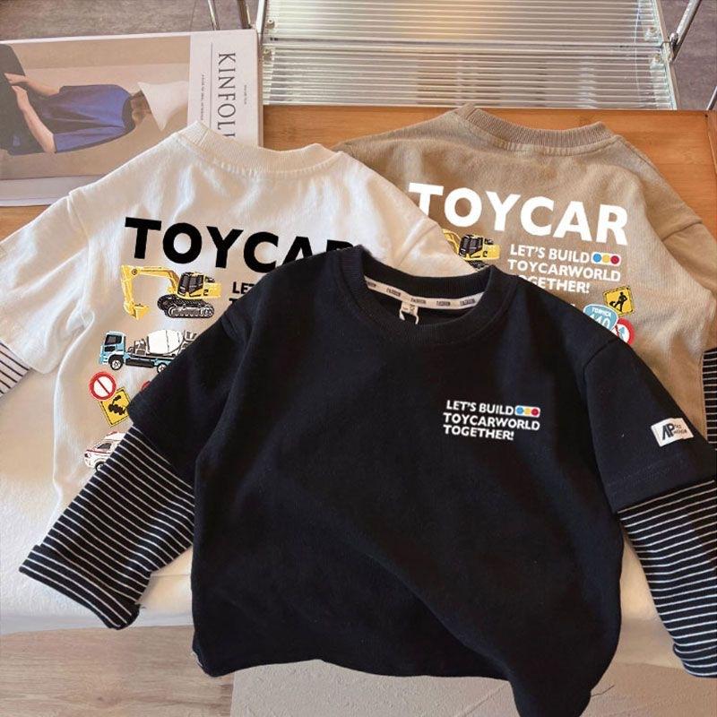 Boys Cotton Long Sleeve T Shirt Spring Autumn Fake Two Piece Round Neck Base Layer Top for 1-9 Years Old Kids
