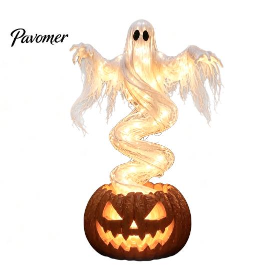Harz-Gartenleuchte für den Außenbereich, Geisterkürbis-Lampe, Halloween-Figur mit warmem LED-Licht, Kleine Figuren Party Spooky Wirbelnd auf Sockel, Tischdekoration 1pc beige