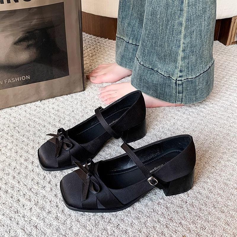 French Evening Wind Satin Bow Square Head Mary Jane Heels Dating One-Word Buckle-Up Shoes