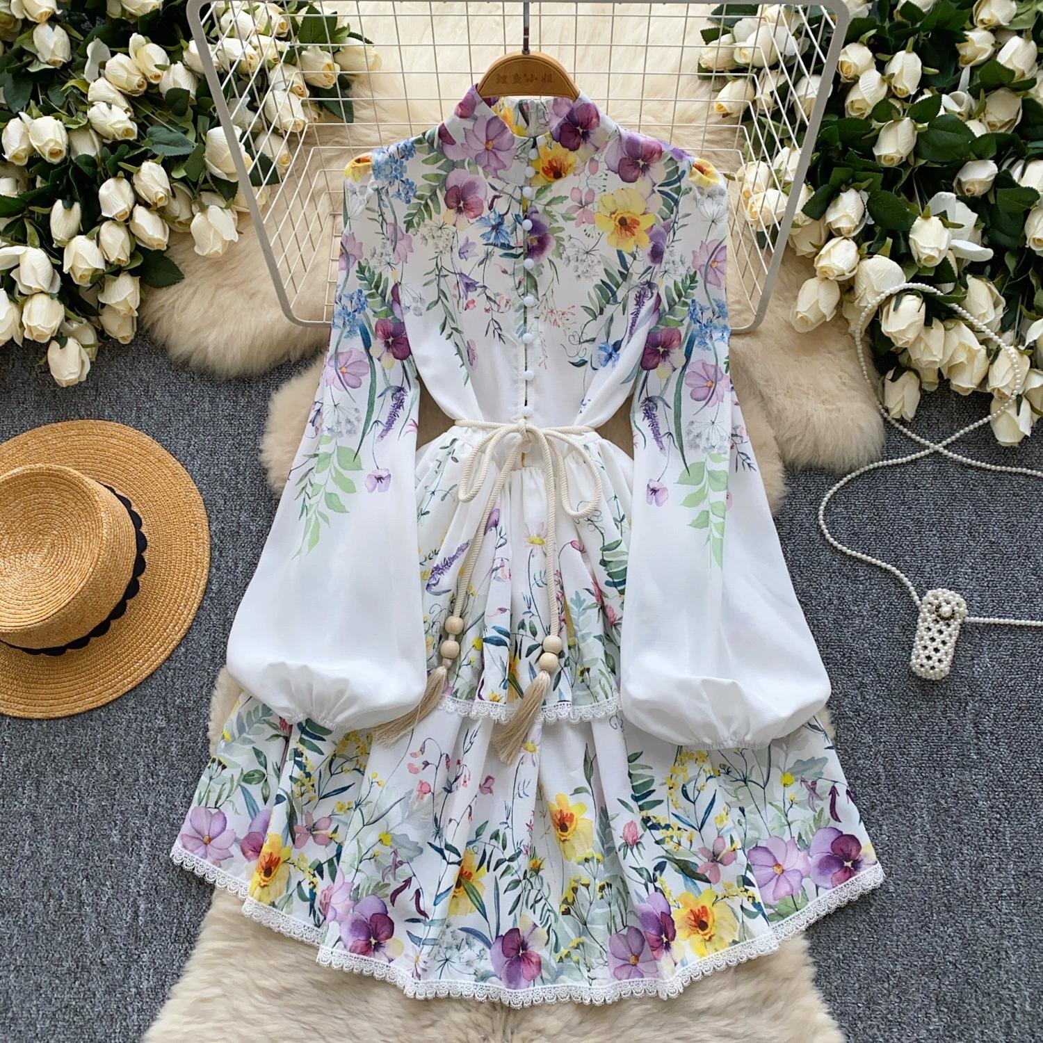 

Весна-лето Женские однобортные платья с воротником-стойкой и кружевным подолом, короткие мини-платья для отдыха на пляже с поясом L белый