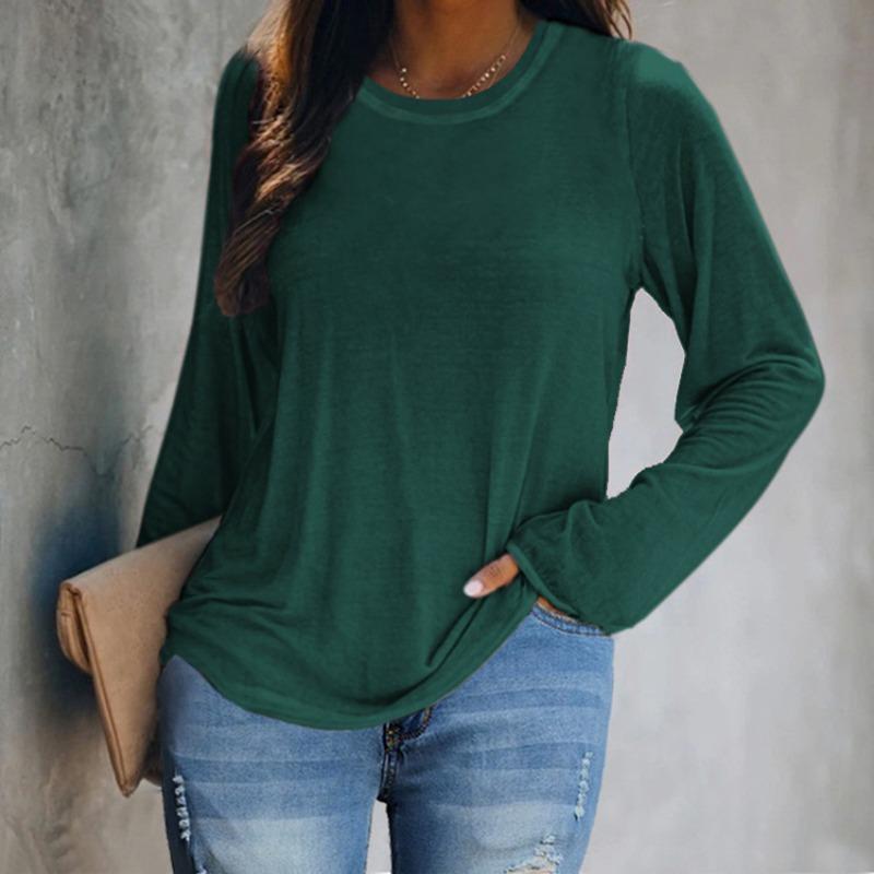 Spring Autumn Women's Round Neck Casual Color Long Sleeved T-shirt Top