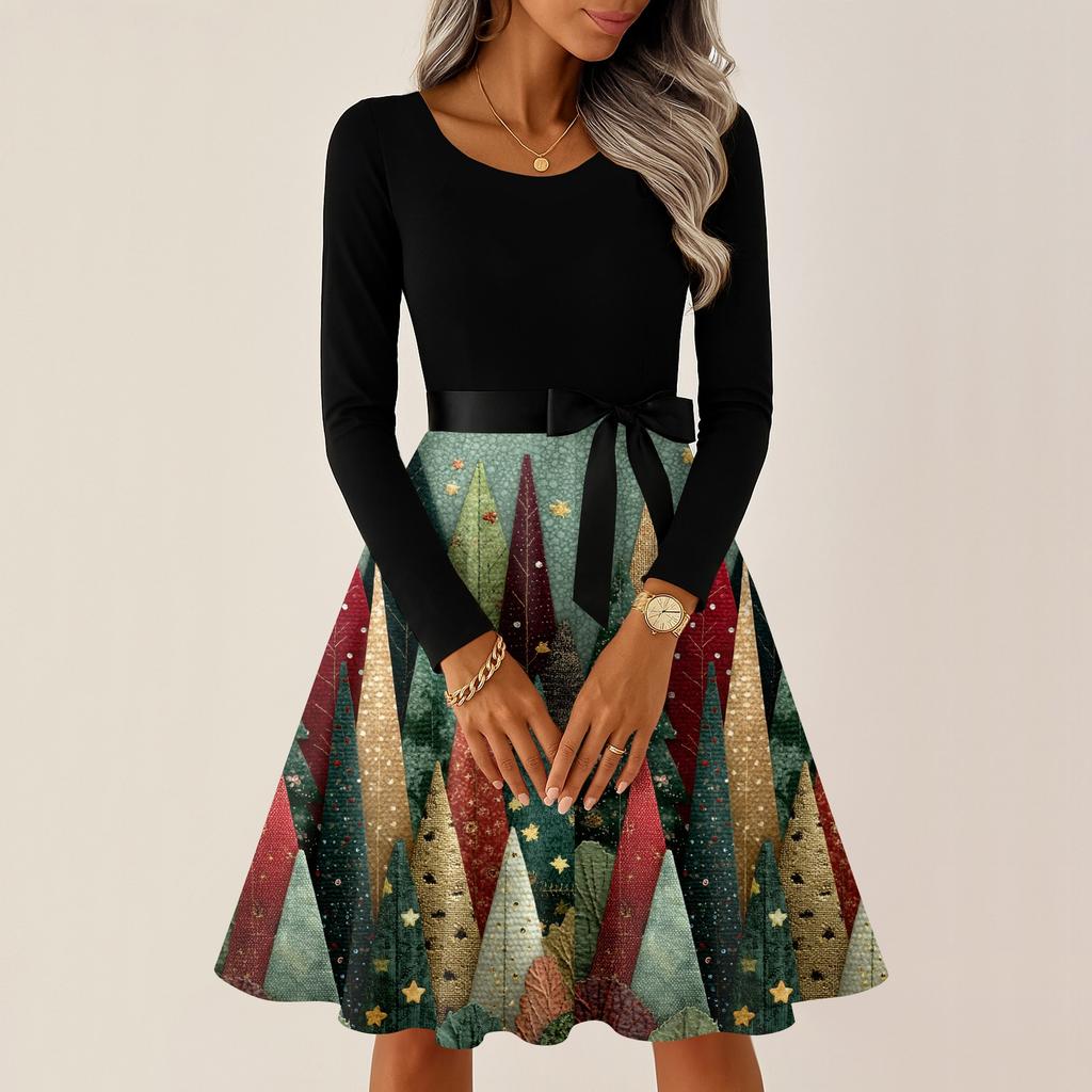 Dámské ležérní módní šaty s kulatým výstřihem a dlouhým rukávem, s vánočním potiskem, na párty, vintage dlouhé šaty