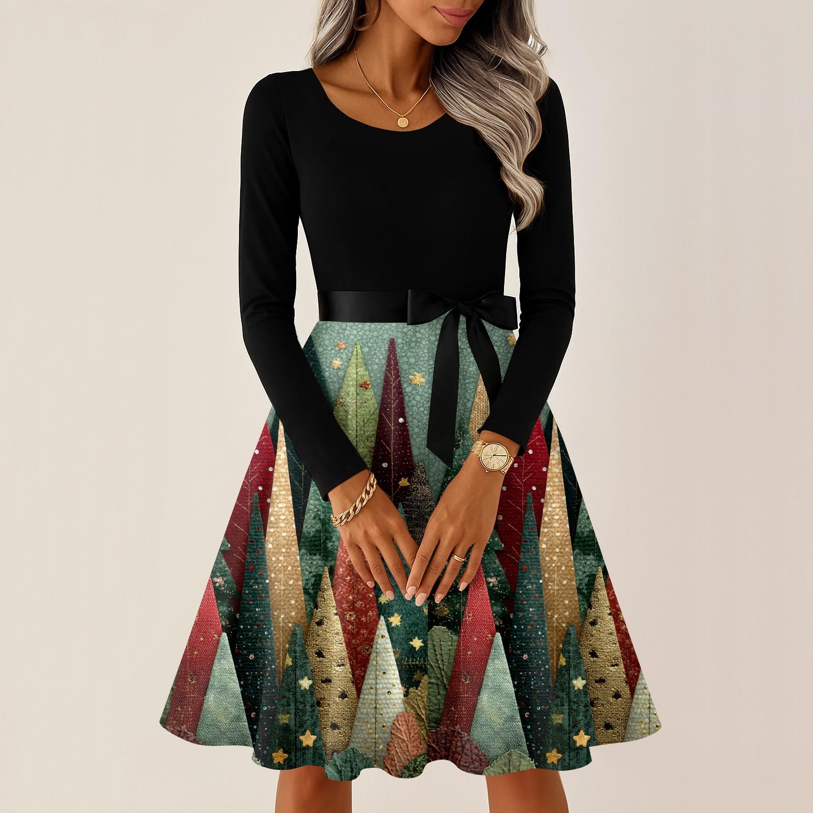 

Женские повседневные модные платья с круглым вырезом, длинным рукавом, рождественским принтом, для вечеринки, винтажные длинные платья M зелёный