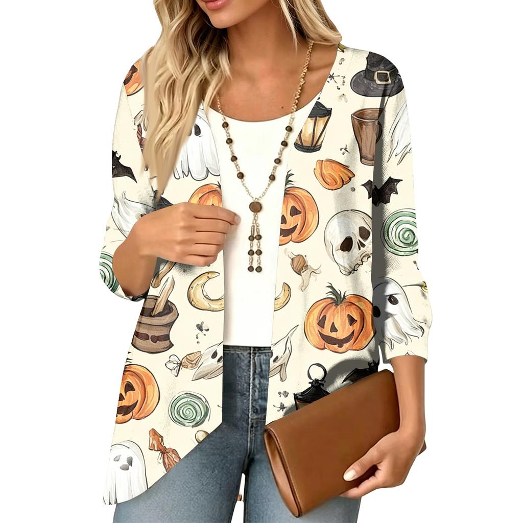 Women's Casual Loose Fit 3/4 Sleeve Lightweight Cardigan with Halloween Print for