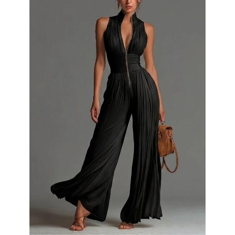 Damen Eleganter Ärmelloser Neckholder Jumpsuit Weite Hosen Vordere Reißverschluss Tiefes Dekolleté Lässiger Langer Jumpsuit S schwarz