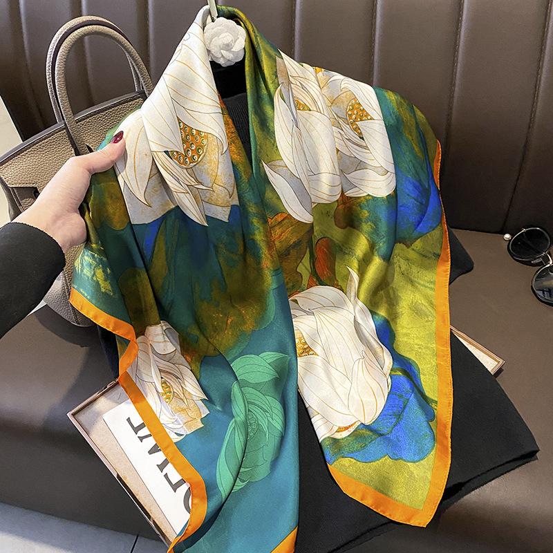 Spring and Autumn thin simulated silk flower lotus silk scarf shawl women s oversized 90 square scarf for mother versatile decoration 90*90cm