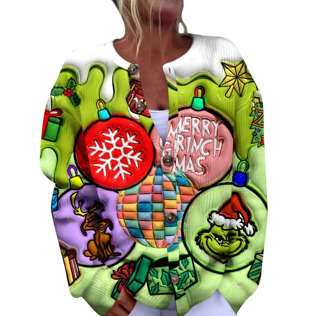 Women's Fashion Christmas Printed Long Sleeve Knitted Cardigan Button Down Jacket