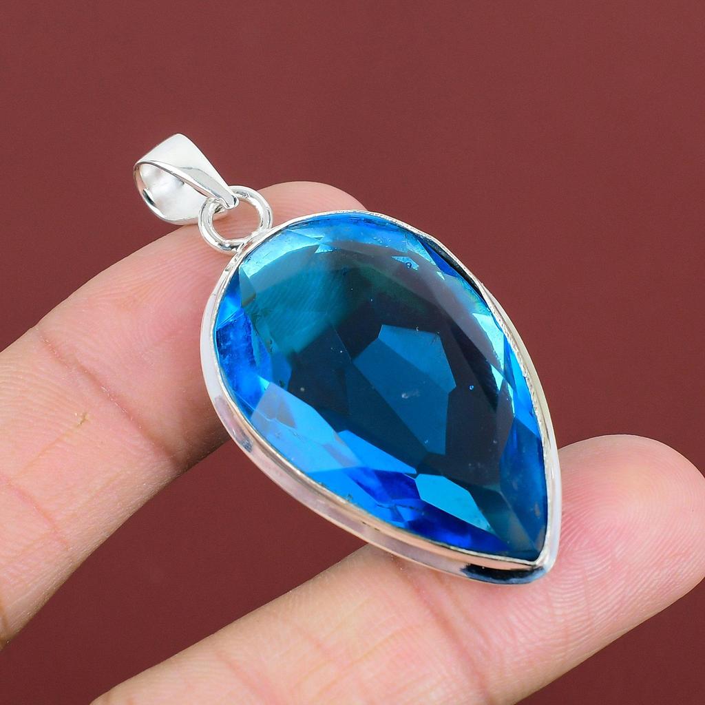 Faceted Swiss Blue Topaz Pendant Gemstone Pendant Handmade Jewelry 925 Sterling Silver Pendant Dainty Pendant Gift For Dad Statement Jewelry