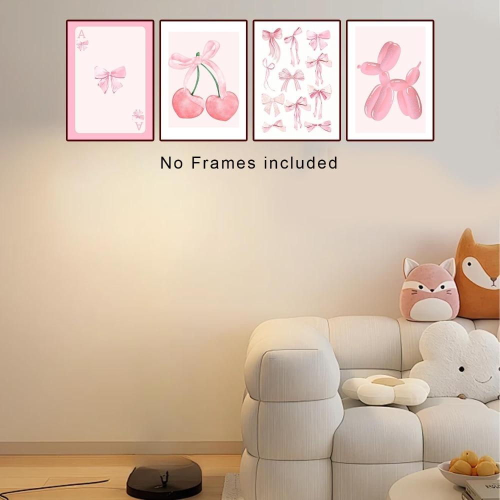 4 Stück Rosa Schleife Kirsche Discokugel Poster Wanddekoration, Niedliche Ballonhund-Poster, Mädchenzimmer Dekoration Rosa Fotos Ungerahmt