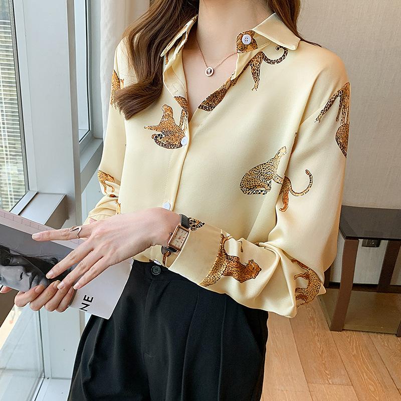 Satin Printed Blouse Silk Long Sleeved Shirt Spring Autumn Style Retro Button Up Top