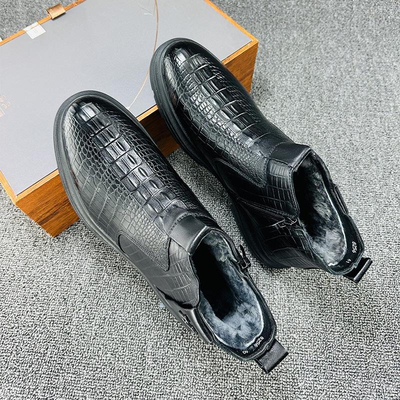 2025 Winter New Velvet Crocodile Pattern Men's Boots Fashionable Medium Tube Martin Boots British Leather Boots Warm Men's Boots