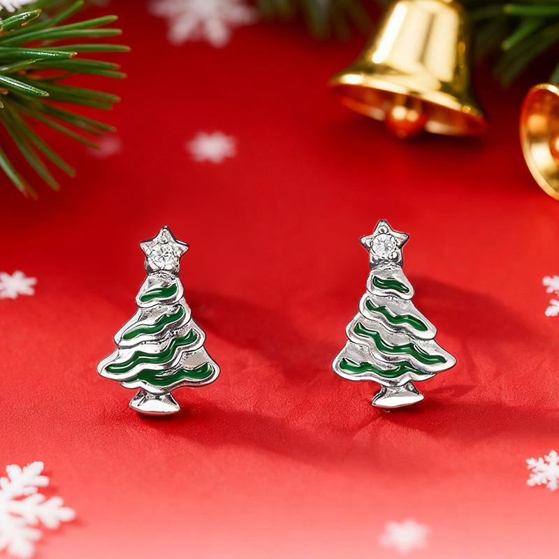 Exquisite and small Korean version of stud earrings for women, painted oil Christmas tree lady jewelry TikTok Christmas jewelry