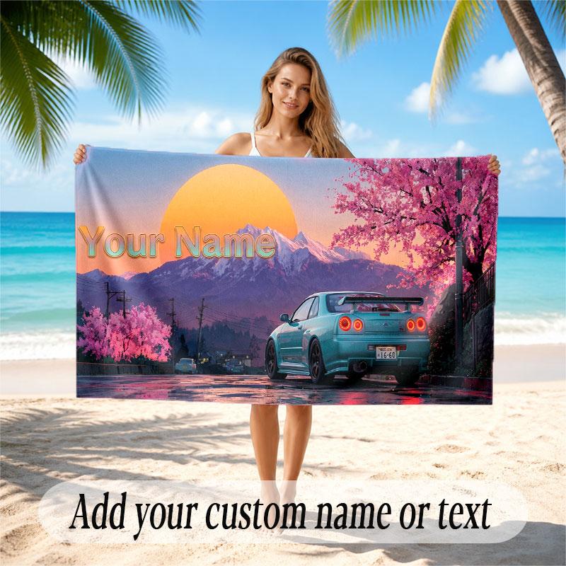 Car Racing Theme Beach Towel Personalized Custom Name & Text Soft Quick Dry Beach Towel for Swimming Travel