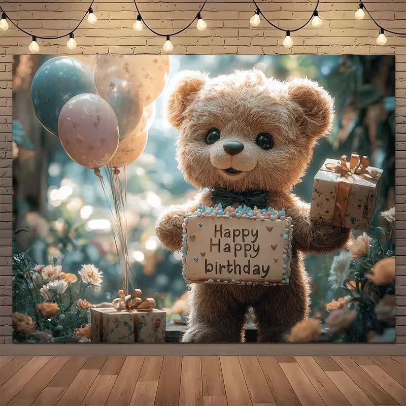 2D Flat Print Teddy Bear Birthday Photography Backdrop for Baby Shower & Kids Party