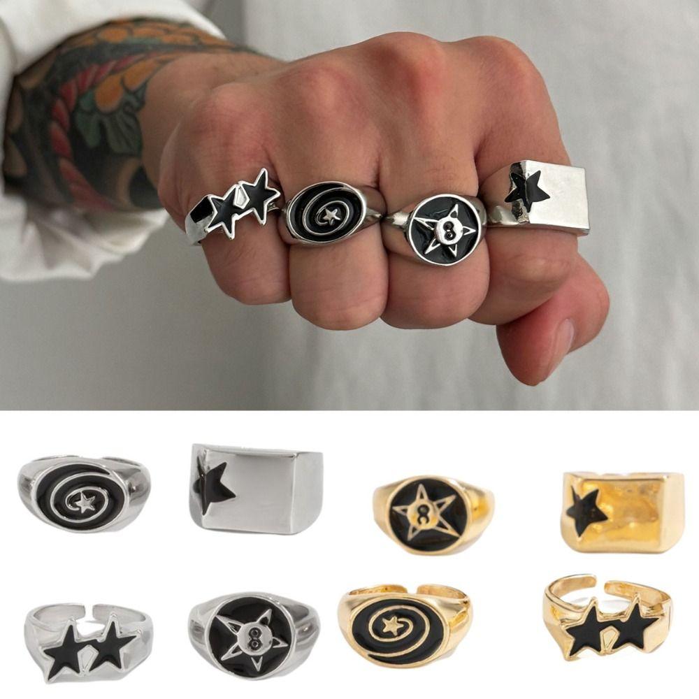 4pcs Black Five-Pointed Star Stainless Steel Rings Irregular Design Punk Couple Rings  Hiphop Style