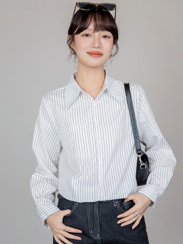 

Весенняя женская ретро рубашка в полоску из хлопка в гонконгском стиле для работы и поездок S