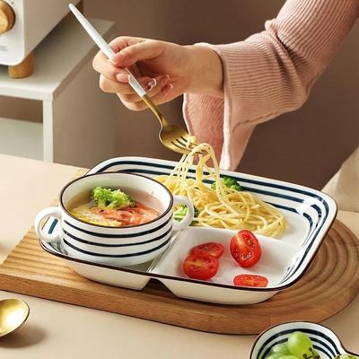 Set of 3 Divided Plate With Cup Bowl Ceramic Kitchen Food Container Tableware Safe In Microwave Oven Dishwasher Lunch Box