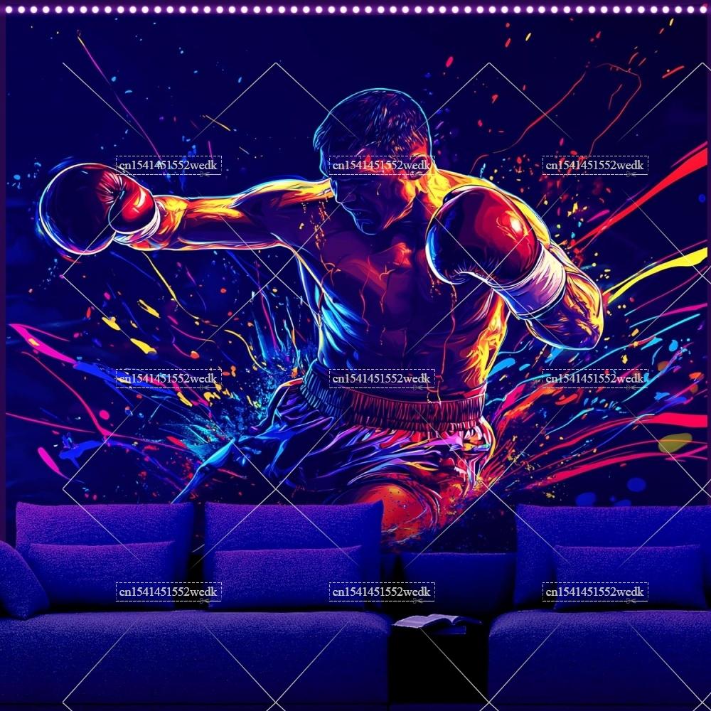 Boxing Blacklight Tapestry UV Reactive Athletics Fluorescent Tapestrys Glow In The Dark Aesthetic Room Decor Neon Tapestries