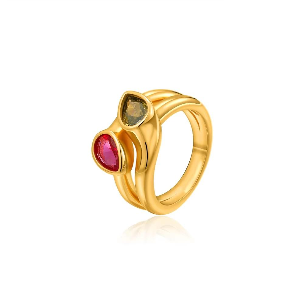 Anelli Placcati Oro 18K Impermeabili Cristallo Multicolore Texture a Strisce Chunky Anello Nuziale Quadrato Lucido Delicato Zircone Gioielli Punk