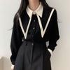 Vintage Chiffon Shirts Women Elegant Patchwork Long Sleeve Blouses Office Lady Korean Black Turn Down Collar Casual Tops