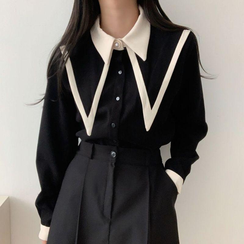 Vintage Chiffon Shirts Women Elegant Patchwork Long Sleeve Blouses Office Lady Korean Black Turn Down Collar Casual Tops