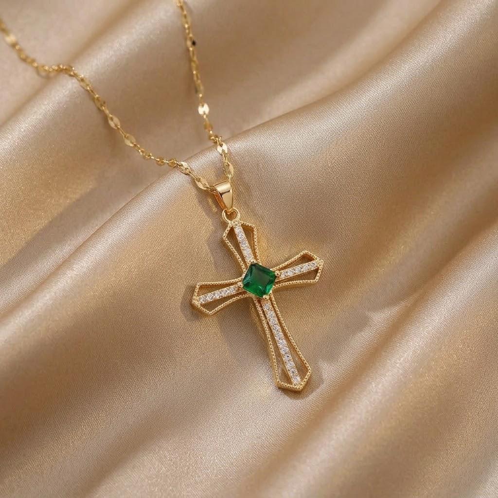 Women's Retro Japanese Korean Style Colorful Zircon Cross Necklace - Hip Hop Clavicle Chain.