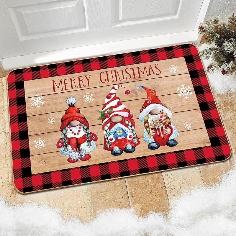 

Merry Christmas Gnome Snowflake Red Check Entrance Doormat Home Decor Kitchen Hallway Balcony Rugs Bathroom Non-slip Mat 40X60cm-16x24in