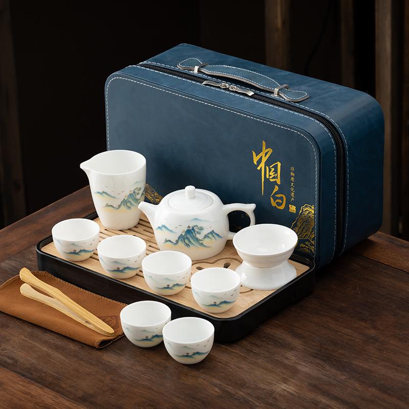 New Chinese Dehua suet jade white porcelain tea set high-end gift box portable business gift festival