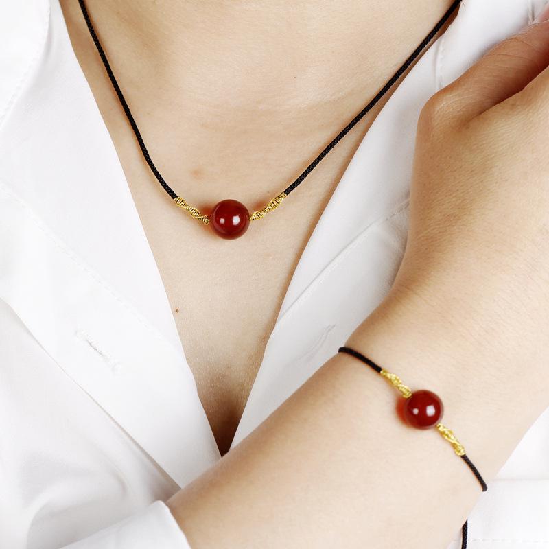 Red Agate Cinnabar Acacia Bean Necklace with Cat's Eye Gold Thread Clavicle Chain.