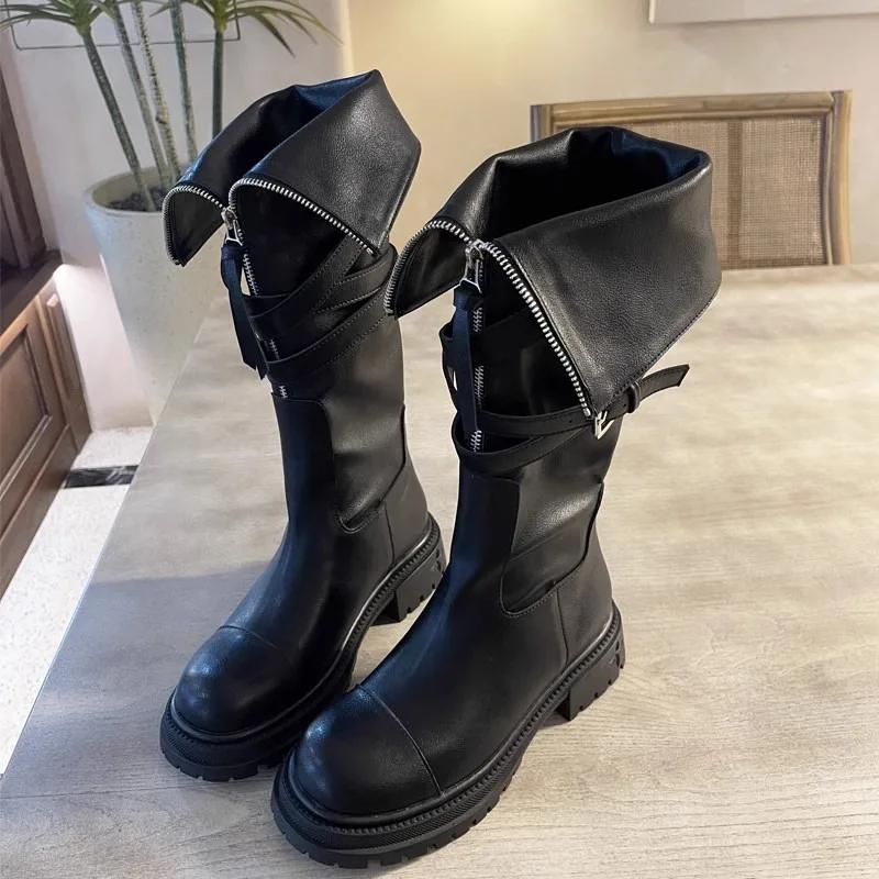 2024 Autumn But Knee-length Boots Female Belt Buckle Thick Bottom Biker Boots Tall Fashion Boots Shoes for Women Botines Mujer