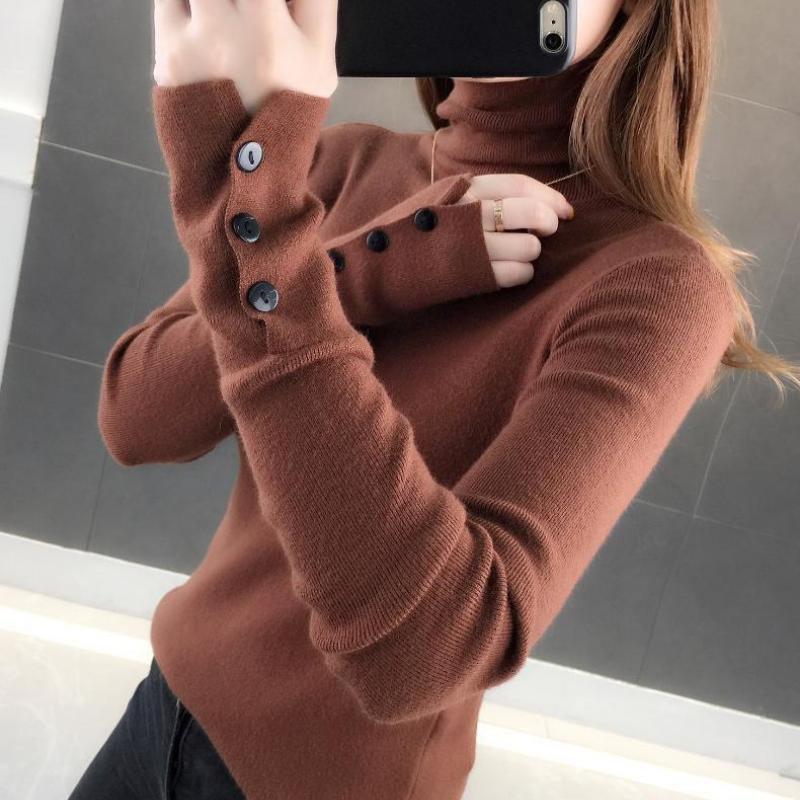 

Свитер женский тонкий короткий длинный рукав обтягивающий воротник-водолазка трикотажный низ свитер женское нижнее белье на осень и зиму 2XL кофейный
