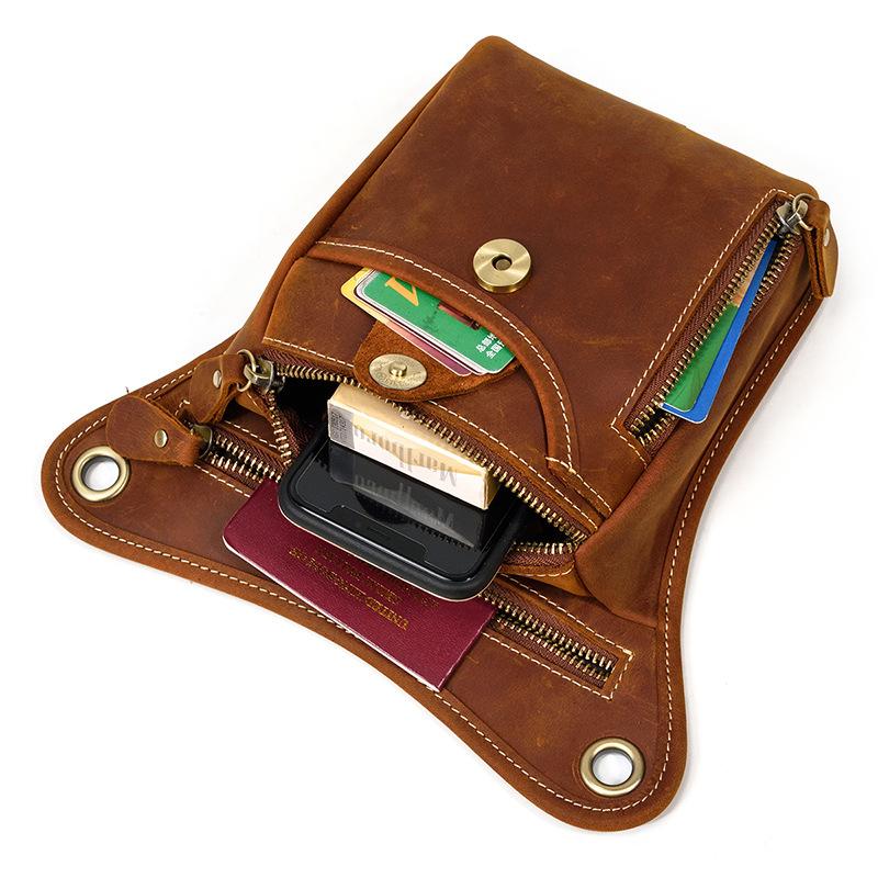 Men's Retro Genuine Leather Waist Bag, Crazy Horse Leather Leg Bag, Casual Mobile Phone Baotou Layer Leather Small Hanging Bag