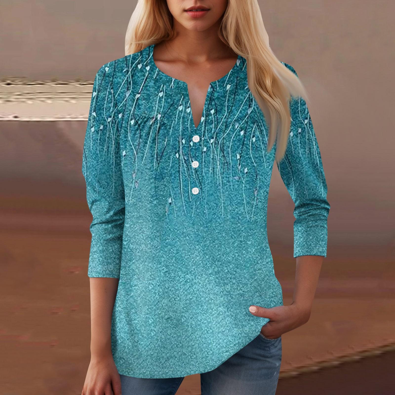 

Женская повседневная футболка с цветочным принтом и V-образным вырезом, декоративная пуговица M синий