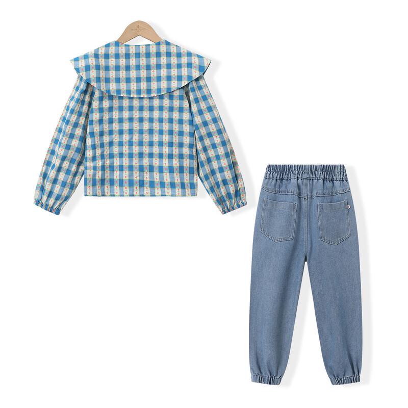 Girls' Plaid Ruffle Shirt & Jogger Denim Pants Set